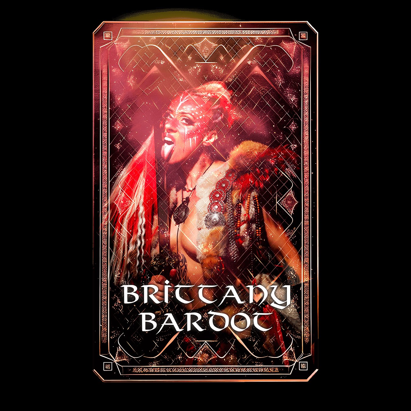 Brittany Bardot auf der Charakterkarte zu Vikings of Valhalla, mit roter Bühnenfarbe im Gesicht